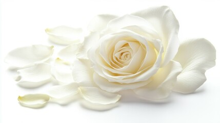 Beautiful white rose and petals on white background. Ideal for greeting cards for wedding, birthday, Valentine's Day, Mother's Day