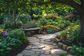 A stone pathway leading through a vibrant garden, ending at a charming bench under a shady tree