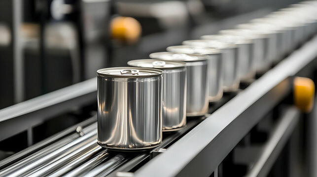 Metal Cans Moving On Conveyor Belt In Factory