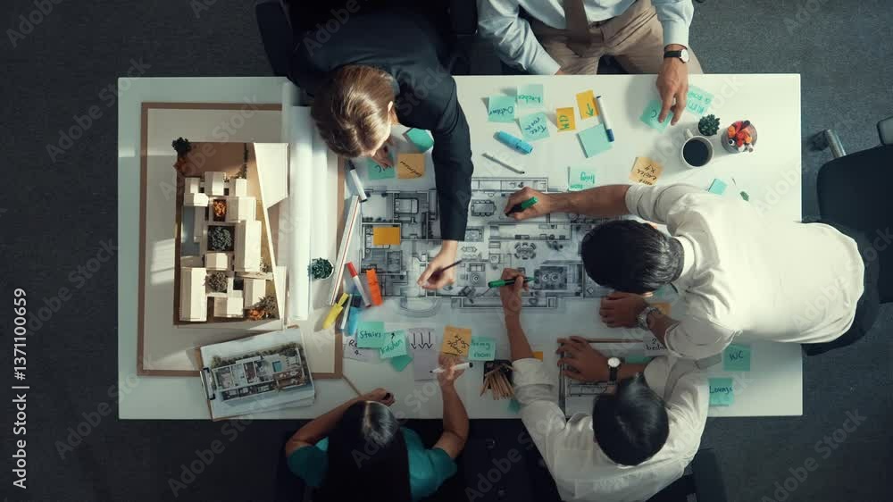 Poster top aerial view of project manager or civil engineer writing at blueprint and planning building desi