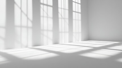 Abstract white studio background for product presentation. Empty room with shadows of window. Display product with blurred backdrop.