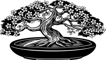 A majestic bonsai tree in full bloom, a symbol of patience and resilience, depicted in stark black and white.