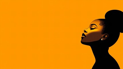 Serene Black woman in profile against a vibrant orange backdrop.  A minimalist portrait radiating peace and beauty.