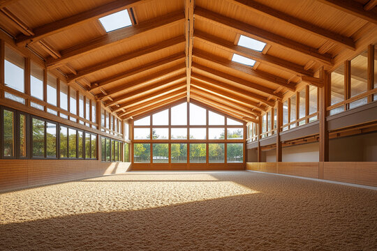 Bright indoor riding arena with wooden beams, large windows showcasing a green landscape, and a sand floor bathed in sunlight, representing equestrian sports, leisure, and architectural design