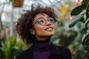 A young Black woman with curly hair looks up thoughtfully in a lush green garden.  Her glasses and purple turtleneck add a touch of style.