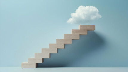 Wooden Steps Leading To A Cloud On Light Blue Background