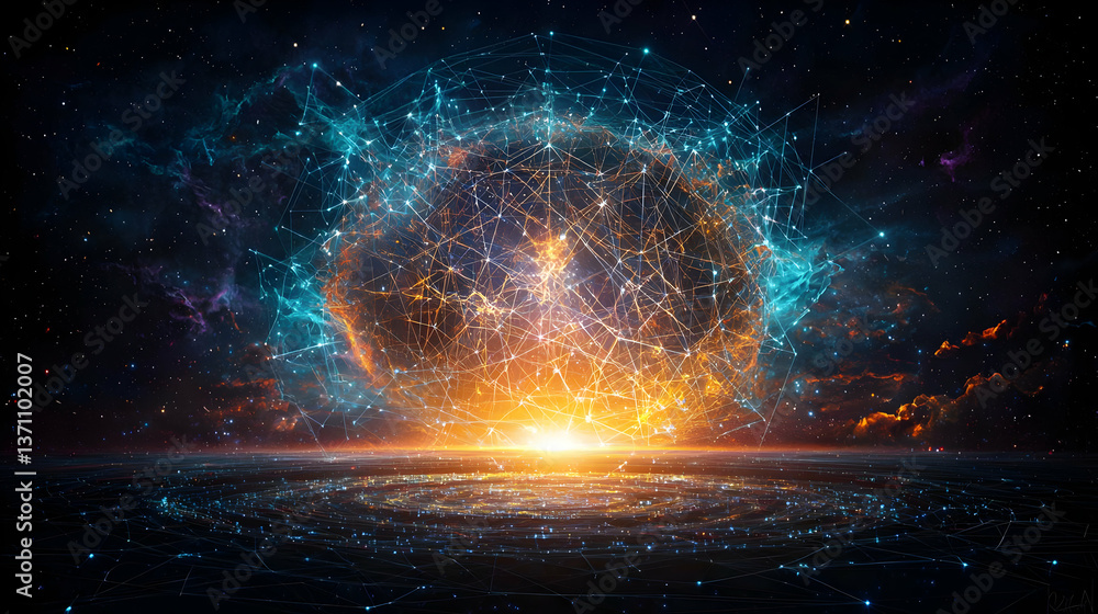 Aufkleber abstract digital universe depicting data network energy sphere with light displayed over dark space