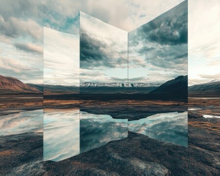 A serene scene with a mountain's reflection in a peaceful lake