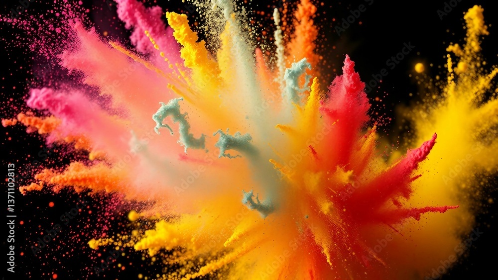 Poster explosion of bright colorful paint on black background burst of multicolored powder abstract pattern