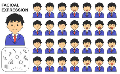 喜ぶ、怒る、悲しむ、驚く、笑う、楽しい、困惑する、困る、落ち込む、焦る、慌てる、がっかりする学生服（ブレザー）を着た男子学生（高校生、中学生）の顔、表情のセット