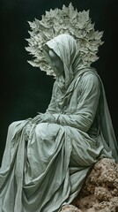 Ethereal draped figure with leafy halo sits pensively atop rocky perch against a dark backdrop