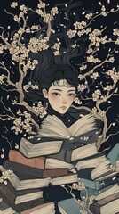 Fototapeta premium Young woman surrounded by books and blossoms.