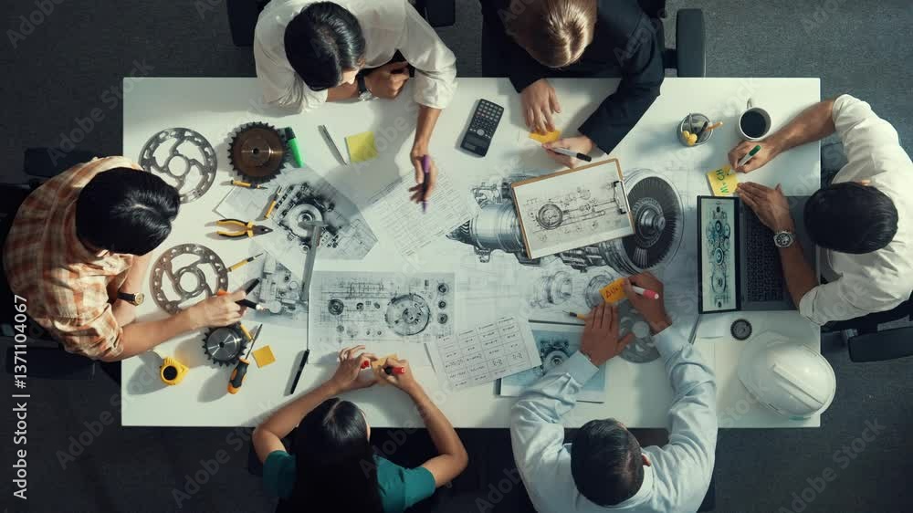 Poster top view of smart engineer team in casual cloth talking about turbine engine structure at table with