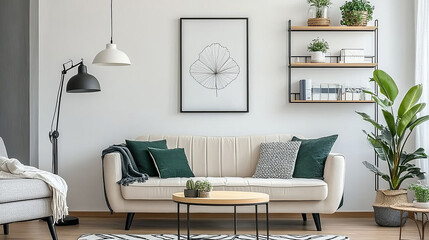 Creative compositions of living room interior with mock up poster frame, shelf, table lamp, plants, decorations and personal accessories. Home decor. Template. 