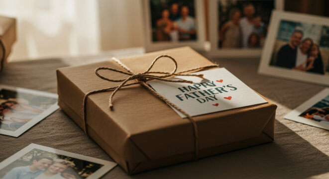 Gift for Father's Day on a table with family photos  