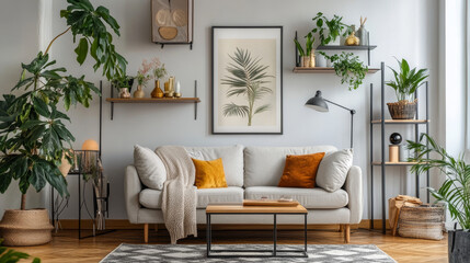 Creative compositions of living room interior with mock up poster frame, shelf, table lamp, plants, decorations and personal accessories. Home decor. Template. 