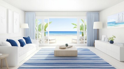 Ocean view living room, white decor, blue accents.
