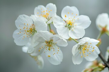 Obraz premium A close-up shot of cherry blossoms in full bloom, showcasing the delicate white petals and bright yellow centers, Delicate cherry blossoms in full bloom