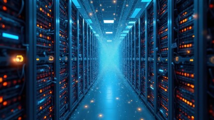 Long blue room with many computer servers. The servers are lit up and the room is illuminated