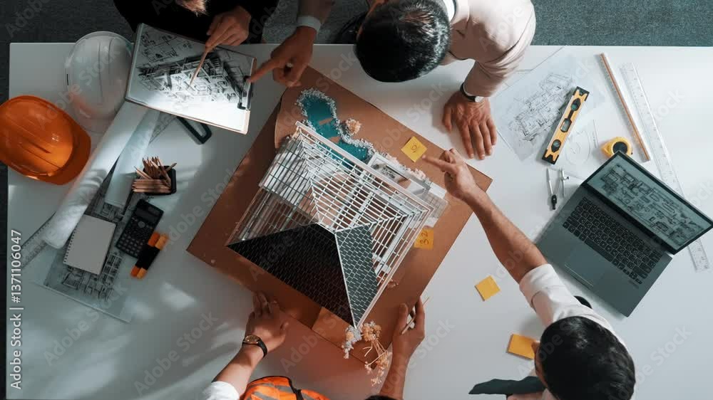 Poster top down aerial view of smart architect engineer team inspect house model while manager hold bluepri