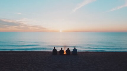 Sunset beach gathering: group enjoying campfire by ocean
