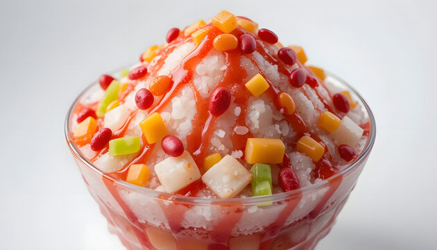 Ais Kacang Shaved Ice Dessert with Colorful Toppings in Glass Bowl