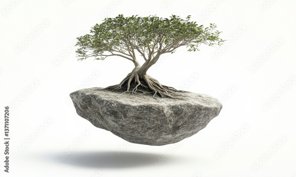 Poster tree on floating rock, symbolizing resilience and growth in isolated environment