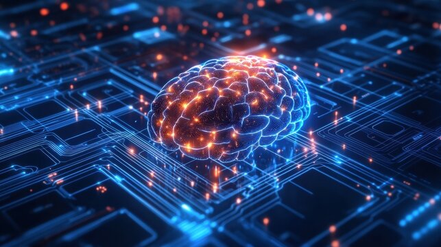 Futuristic digital environment with glowing neural connections and deep blue circuit patterns inspired by artificial intelligence technology