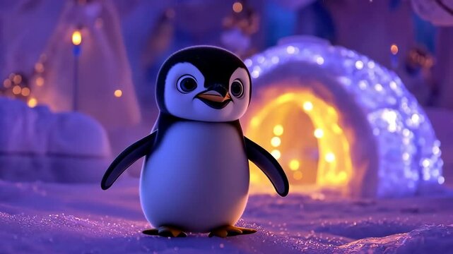 Cute cartoon penguin near glowing igloo at night