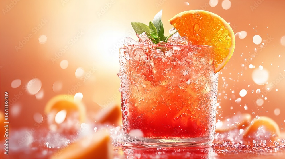 Poster refreshing orange drink with ice and basil, perfect for a summer day. the vibrant colors and bubbly 
