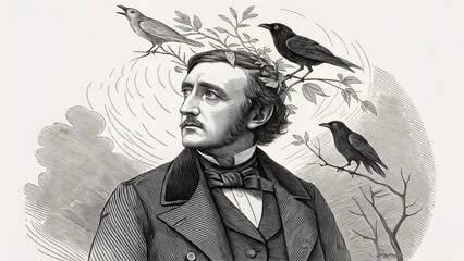 Edgar Allan Poe, a brooding poet haunted by ravens perched on branches, a timeless black and white etching.