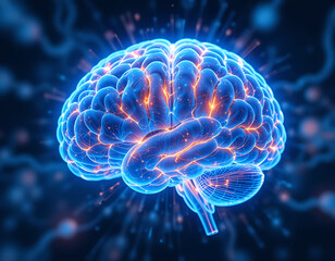 A glowing human brain with highlighted dopamine pathways in vibrant blue and orange, emphasizing the nucleus accumbens and reward system. Generative AI