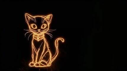 Glowing cat silhouette in orange light on black background with copy space