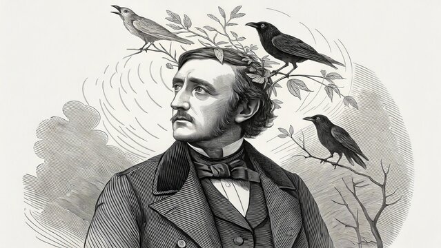 Edgar Allan Poe, a brooding poet haunted by ravens perched on branches, a timeless black and white etching.