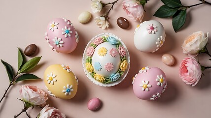 Fototapeta premium Elegant Pastel Easter Eggs Decorated with Delicate Floral Designs Arranged on Soft Peach Background with Chocolate Candies Green Leaves Spring Flowers Perfect for Easter Holiday Visuals Background