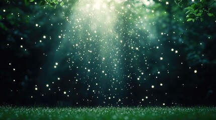 Enchanting forest scene. Sunlight filters through leaves, creating a magical atmosphere