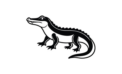 Crocodile straight tail art silhouette, crocodile silhouette with straight tail and head turned upward in vector style on white background  