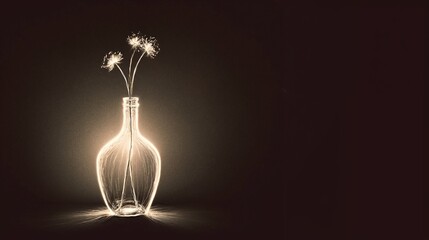 Glowing vase with flowers illuminated from within on dark background with copy space
