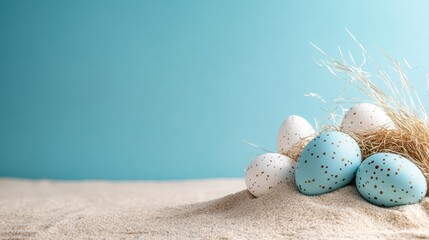 Obraz premium A charming assortment of Easter eggs nestled with straw on a sandy surface, symbolizing warmth and renewal during the Easter festivities and enhancing the seasonal ambiance.