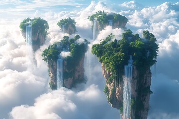 A surreal landscape featuring floating islands connected by cascading waterfalls, suspended in a sky filled with soft, drifting clouds