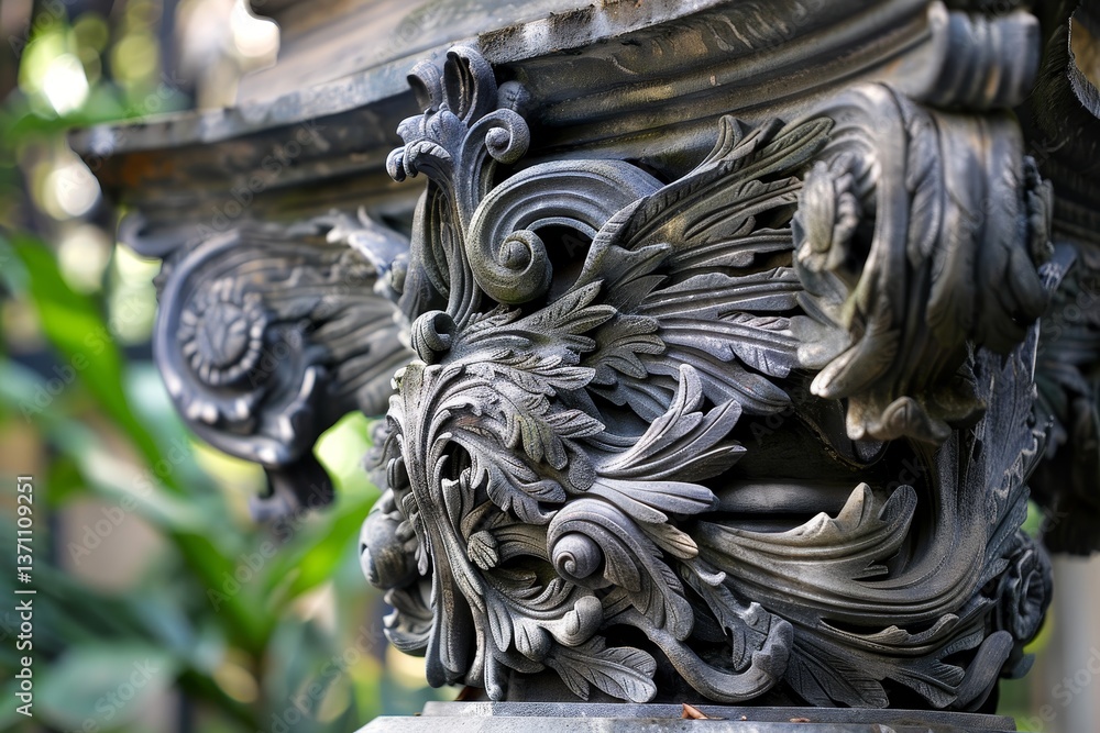 Poster intricate stone carving detail on a decorative column in a garden, fine details that add a depth and