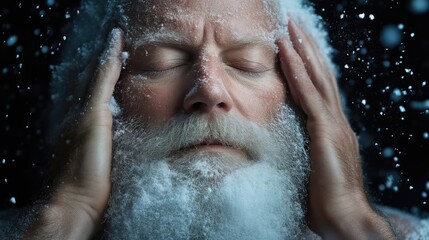 Man covered in snow, holding head