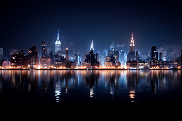 Obraz premium A sharply defined city skyline at night, captured from a distance with clear building silhouettes illuminated by glowing windows and minimal ambient city light