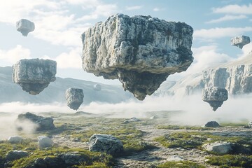 A surreal landscape with floating rocks and upside-down mountains