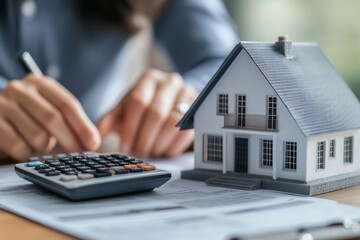 Real estate agent calculating house model costs while developing a small business concept at desk