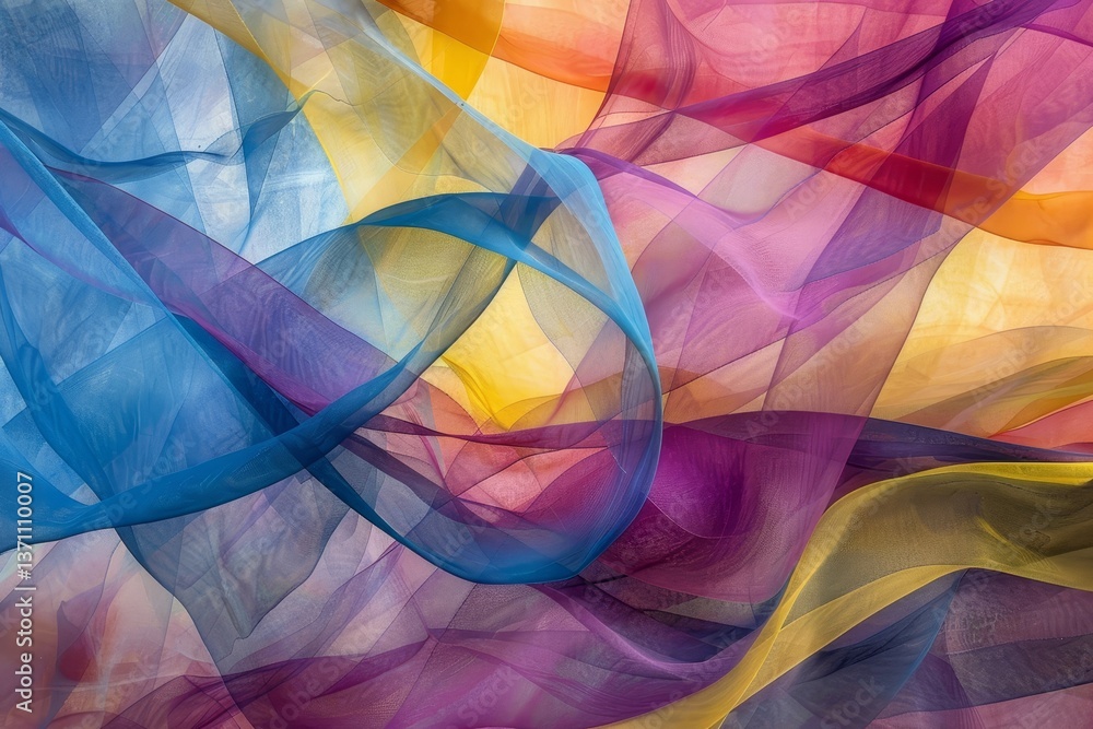 Poster translucent fabric layers in blue, yellow, and purple form a vibrant and dynamic abstract image, lay