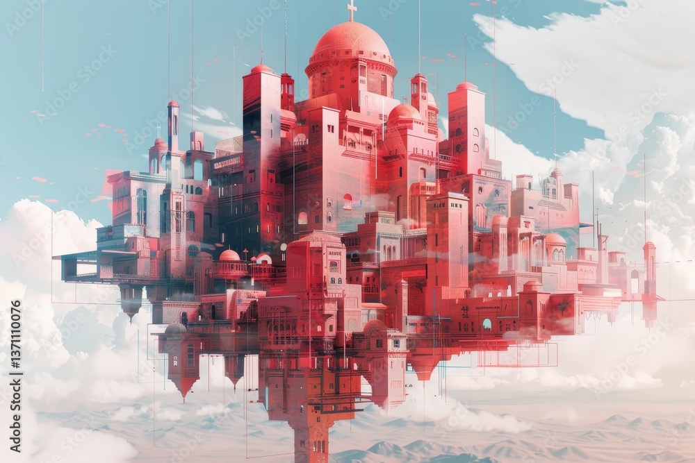 Poster a digitally painted depiction of a futuristic city floating in the clouds, composed of interconnecte