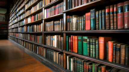 Ancient Books On Wooden Shelves In Library