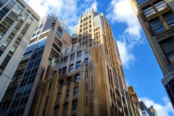 Fototapeta premium A majestic Art Deco building rises above the bustling city, showcasing its intricate design and grandeur, Art Deco masterpiece rising above the bustling city streets