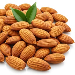 Fototapeta premium Pile of raw almonds with green leaf healthy snack in macro photography with textured surface and warm tone isolated on white background